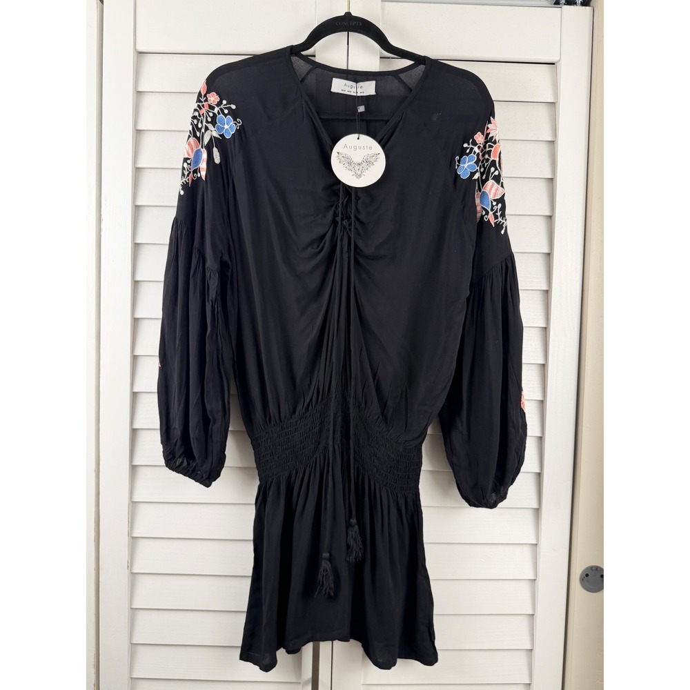 Auguste Shift Dress Women US 8 Black NEW Floral Embroidered Boho Luxe Smocked